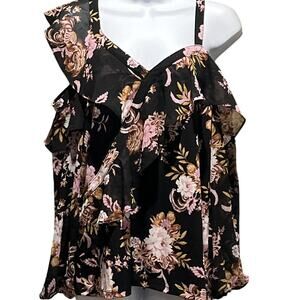 INC Black Floral Ruffle Blouse – Sleeveless Layered Feminine Top – Women’s M